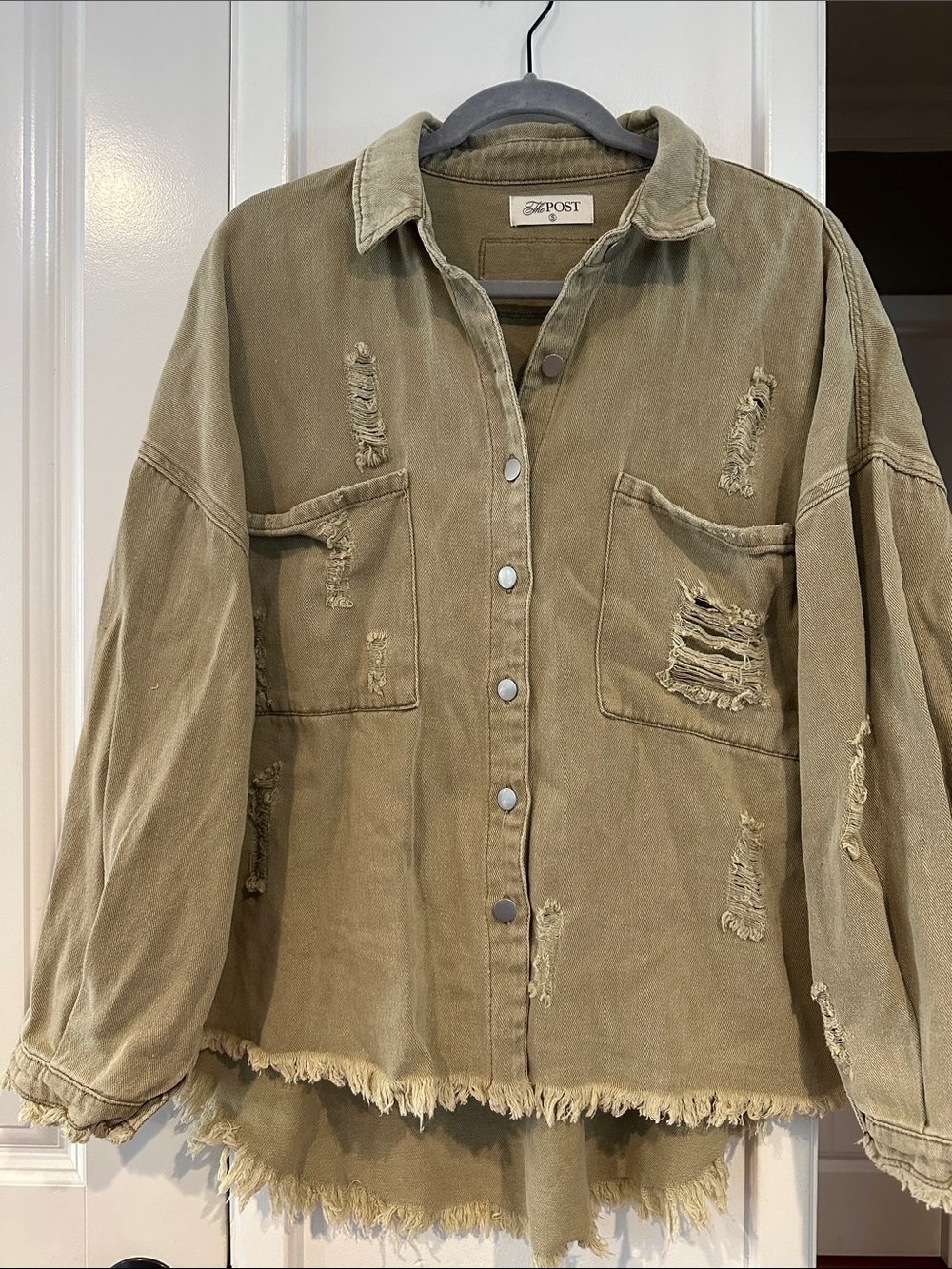 The POST Olive Distressed Utility Shacket